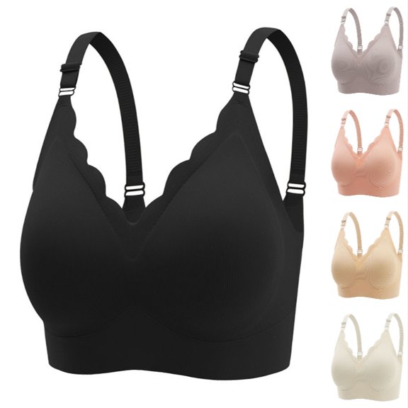 Xijirk Women Seamless Bra Ribbed Scalloped V Neck Adjustable Straps Wirefree for Daily Home Casual Wear,Black,XXL