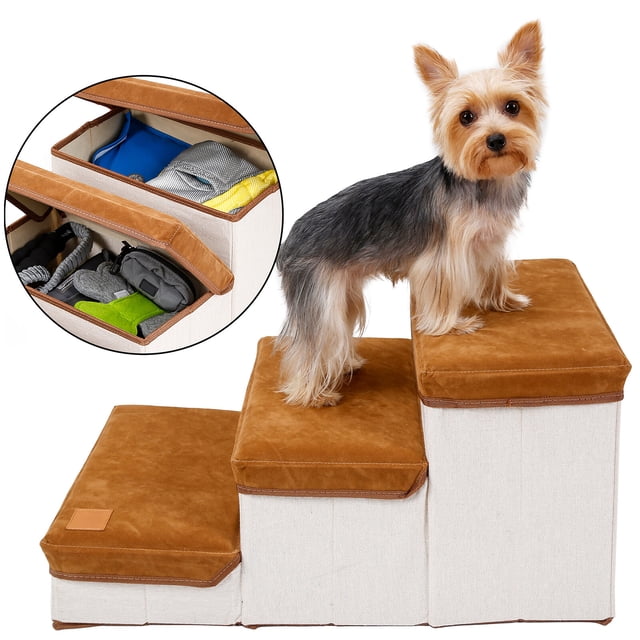 Brown Foldable Pet Dog Stairs with Storage Compartment - Soft Flannel & High Elastic Sponge Construction, 30kg Max Load Capacity, Easy Installation & Space-Saving Design for Small Dogs/Puppies to