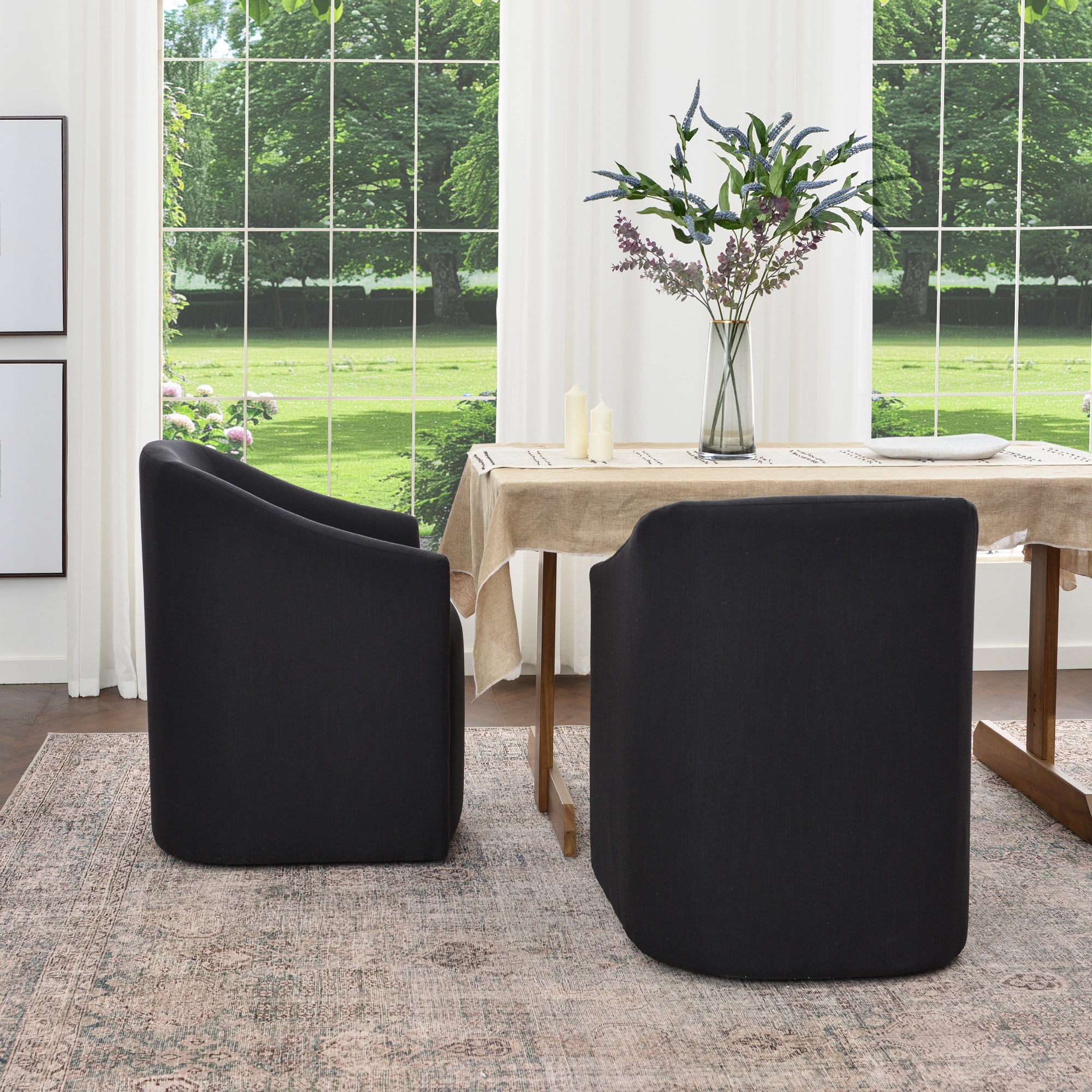 KINWELL 25" Wide Upholstered Dining Chairs with Casters Set of 2, No Assembly Modern Performance Fabric Barrel Back Rolling Dining Armchair for Kitchen Dining Room (Black)