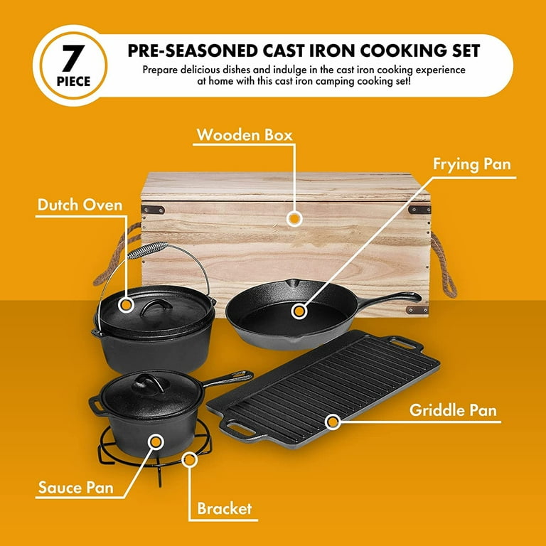 Bruntmor 7pc Pre-Seasoned Cast Iron Set: Dutch Oven, Grill Pan