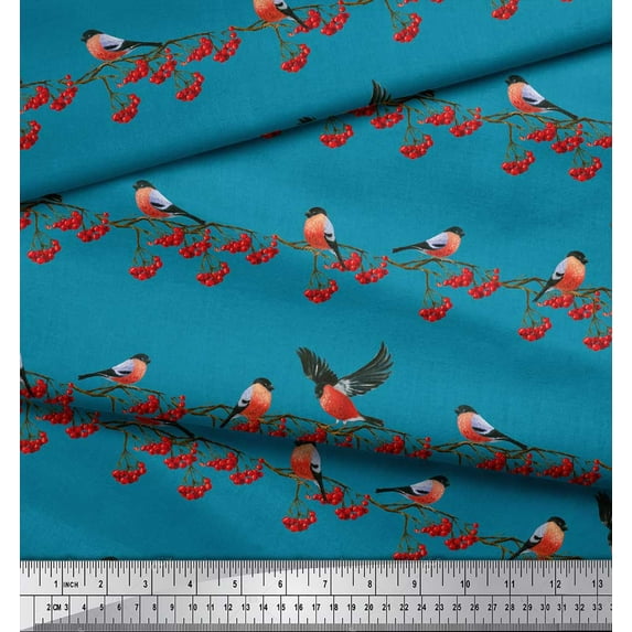 Soimoi Blue Cotton Poplin Fabric Red Berries & Bullfinch Bird Print Sewing Fabric Yard 56 Inch Wide