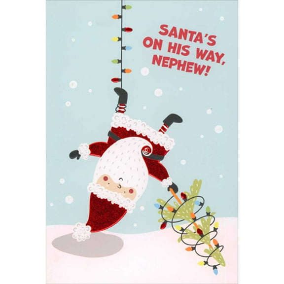 Pictura Santa Hanging from Leg Tangled in String of Lights Juvenile Christmas Card for Nephew