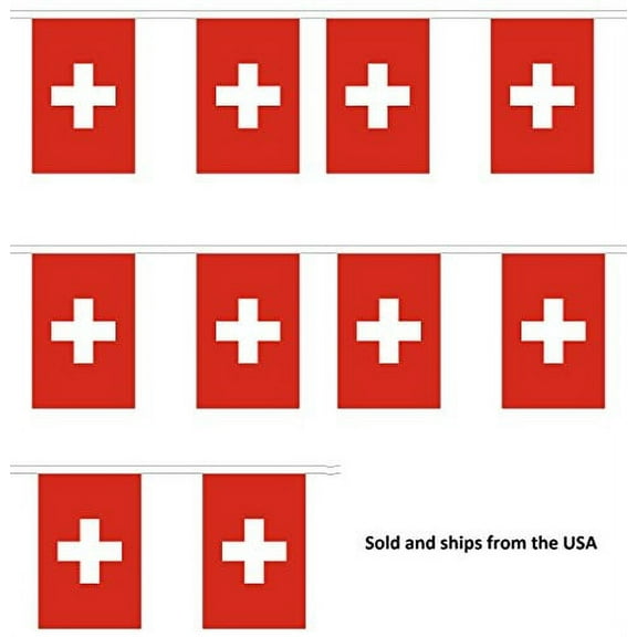10' Switzerland String Flag Party Bunting Has 10 Swiss 6"x9" Polyester Banner Flags Attached, Popular For School Classroom, Bars, Restaurants, World Cup Theme Parties