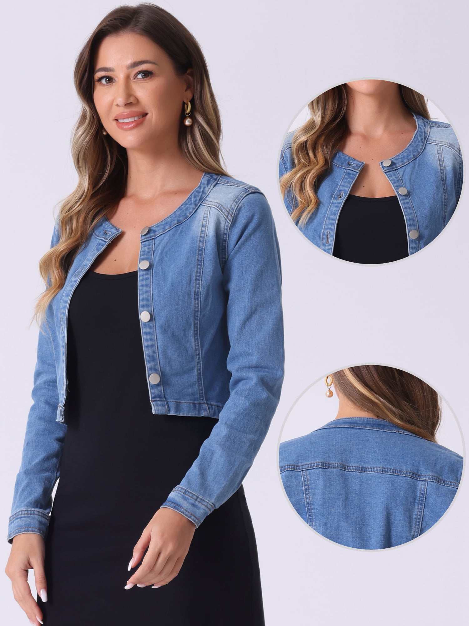 DARING DIVA Women's Collarless Button Down Long Sleeve Denim Jacket XL Light Blue