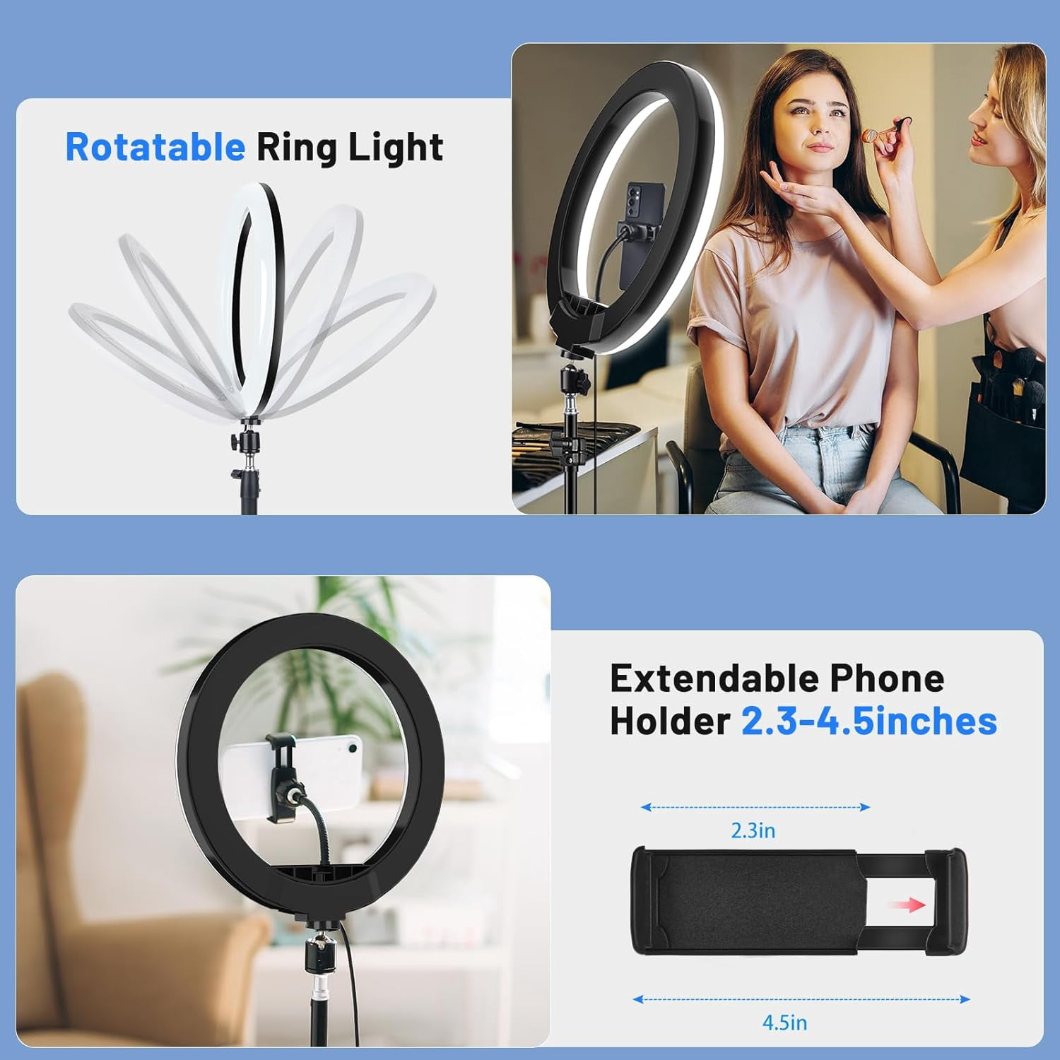 13" Selfie Ring Light with 63" Stand and 3 Phone Holder, 53 Lighting Modes, iPad Holder, Remote, Desk Tripod, RGB Ringlight for iPhone. Vlogging Circle Led Halo Light Photo Video Kit