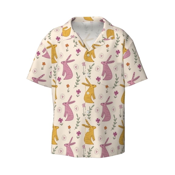 Vsdgher Yellow Pueple Rabbit Print Men's Wrinkle Free Untucked Cuban Shirt Business Casual Button Down Shirts Short Sleeve Shirt