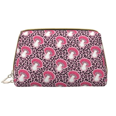 Pink Leopard Print Mushroom Makeup Bag, Large Capacity Travel Cosmetic Bag for Women Girls- Travel Toiletry Bag Leather Portable Waterproof Makeup Case Organizer with Handle