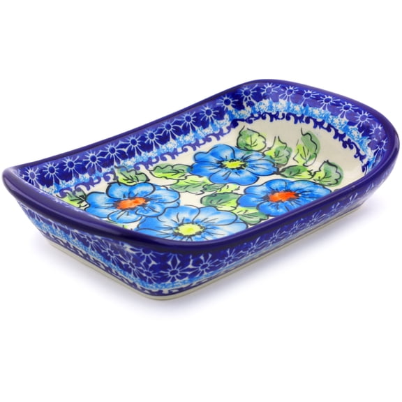 Polish Pottery 7½-inch Platter with Handles (Bold Blue Poppies Theme) Signature UNIKAT Hand Painted in Poland Certificate of Authenticity
