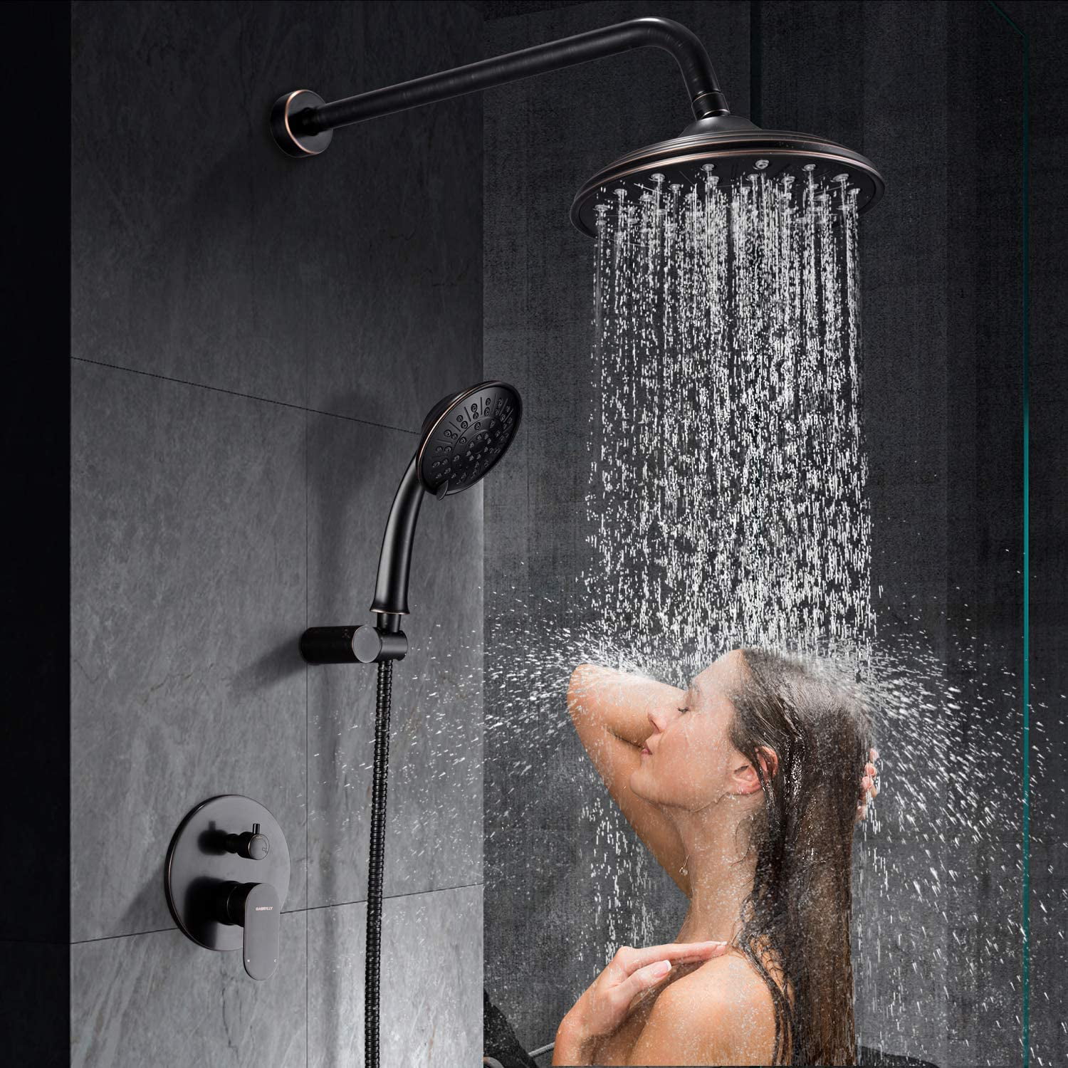Oil Rubbed Bronze 8" Rain Showerhead&Hand Shower Faucet Set Tub Spout Wall Mount 