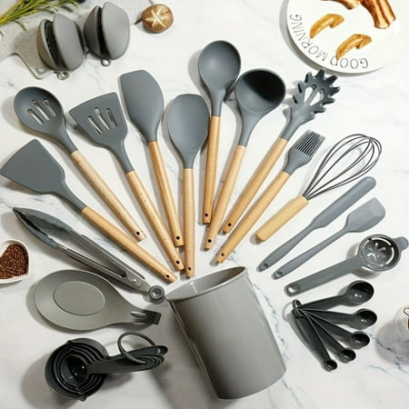 

28pcs/set Non-Stick Silicone Utensil Set With Wooden Handle - Perfect For Cooking Kitchen And Dorm Essentials Kitchen Accessories