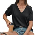 thumbnail image 3 of Summer Short Sleeve Women V Neck Solid Puff Sleeve T Shirt, 3 of 6