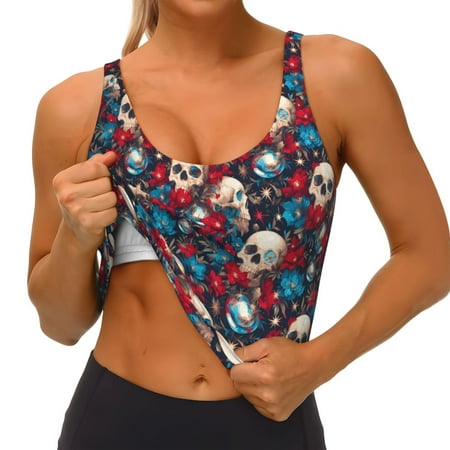 Qokaie Skull red flower blue Pattern Womens Scoop Neck Sports Bra Breathable Workout Vest Padded U Back Medium Impact Fitness Gym Yoga Bra Workout Crop Top