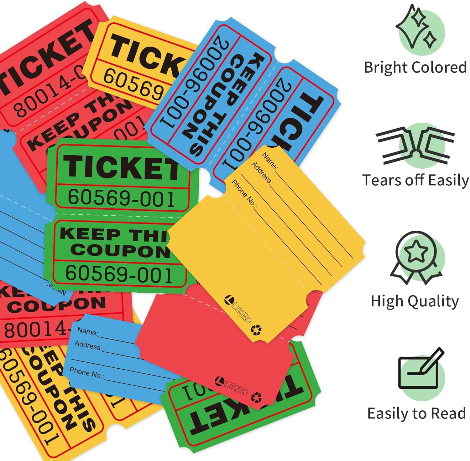 4000 Pairs Double Raffle Tickets - 4 Assorted Colors (Blue, Yellow, Red, Green), 1000 Tickets per Roll for Events, Fundraisers & Parties