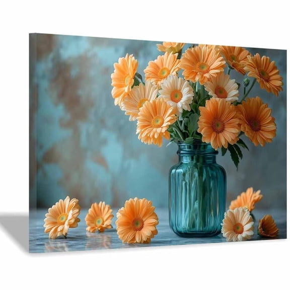 Mudket Orange Gerbera Daisy Canvas Wall Art, Floral in Teal Vase Wall Decor, Framed Botanical Artwork for Living Room Bedroom Kitchen, Ready to Hang Modern Flower Print - 12"L x 8"W