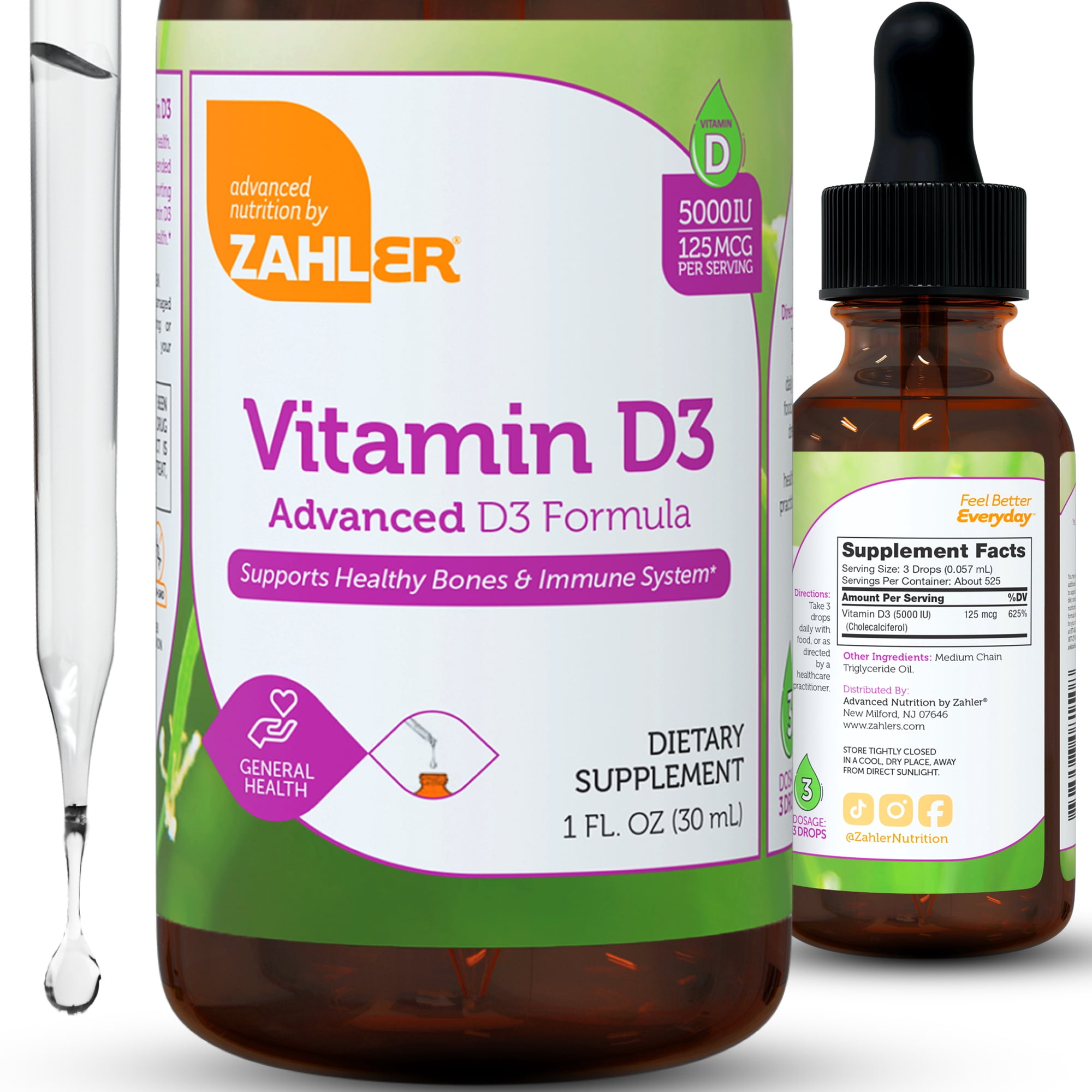 Zahler Vitamin D3 Liquid Drops 5,000 IU, Advanced D3 Formula, Immune Support, Bone Health, Easy One-Drop Daily Vitamin Supplement