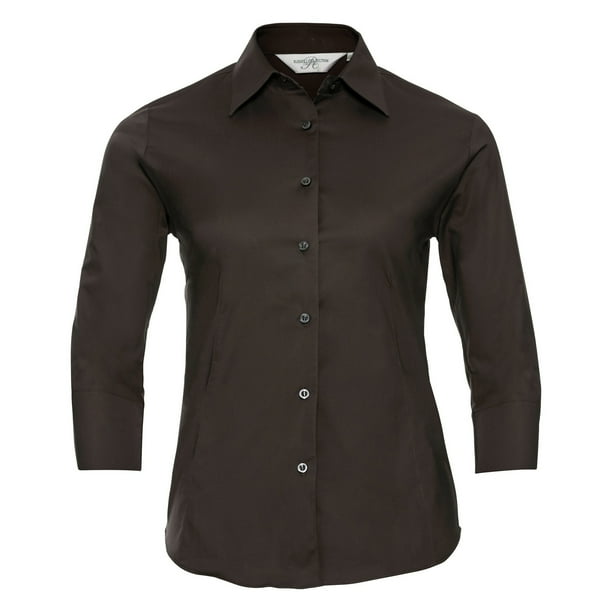 Russell Collection- Camisa entallada de manga tres cuartos de fácil cuidado para mujer (Marrón chocolate)