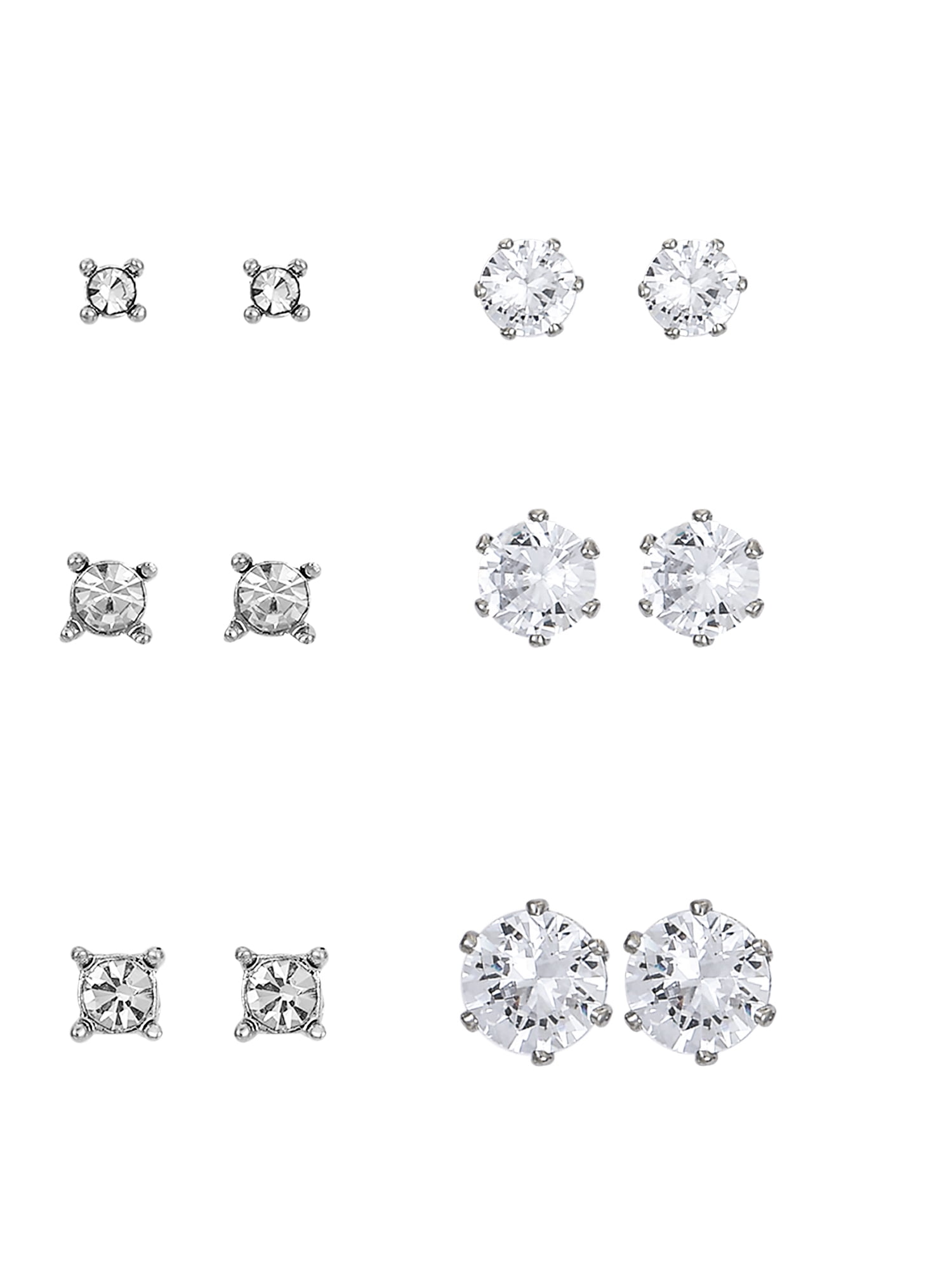 Time and Tru Women's Jewelry Essentials Simulated Diamond Stud Earrings, 6-Pack