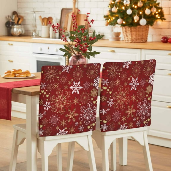 Christmas Snowflake Chair Covers Set of 6 Red Gold Watercolor Decoration Chair Back Covers Stretch Removable Washable Slipcovers Protector for Dining Room Kitchen Party Decor