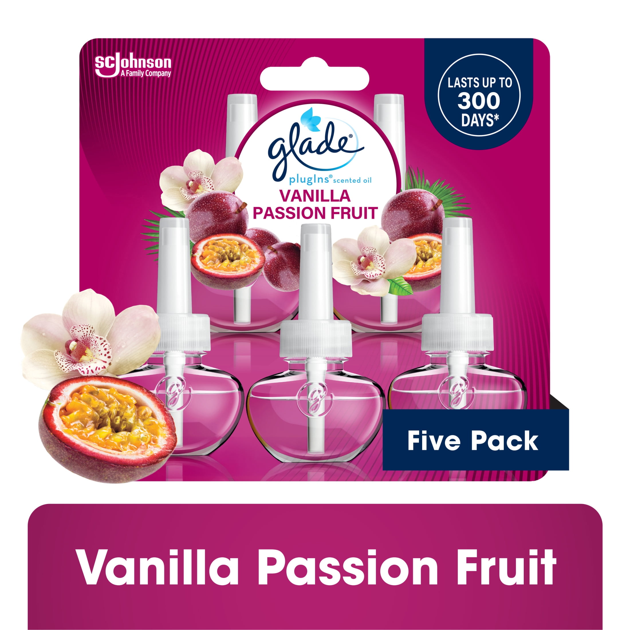 (2 pack) Glade PlugIns Scented Oil 5 Refills, Air Freshener, Vanilla Passion Fruit, Essential Oil Infused Wall Plug In, 3.35 FL oz, pack of 5