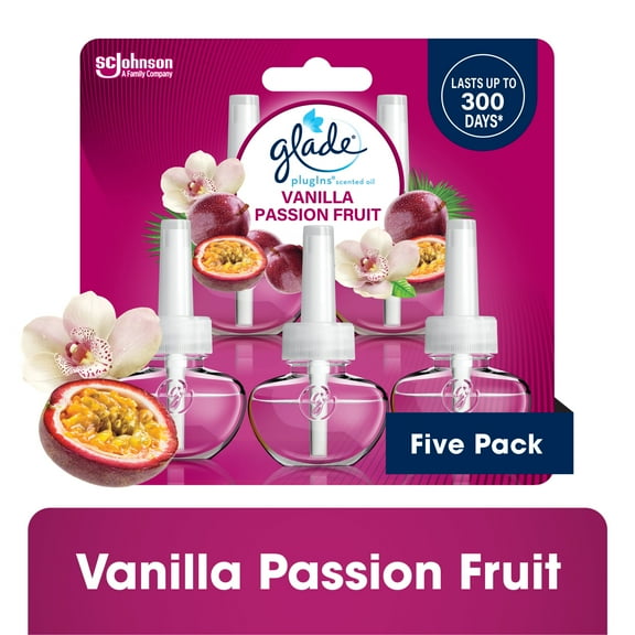 Glade PlugIns Scented Oil 5 Refills, Air Freshener, Vanilla Passion Fruit, Essential Oil Infused Wall Plug In, 3.35 FL oz, Pack of 5