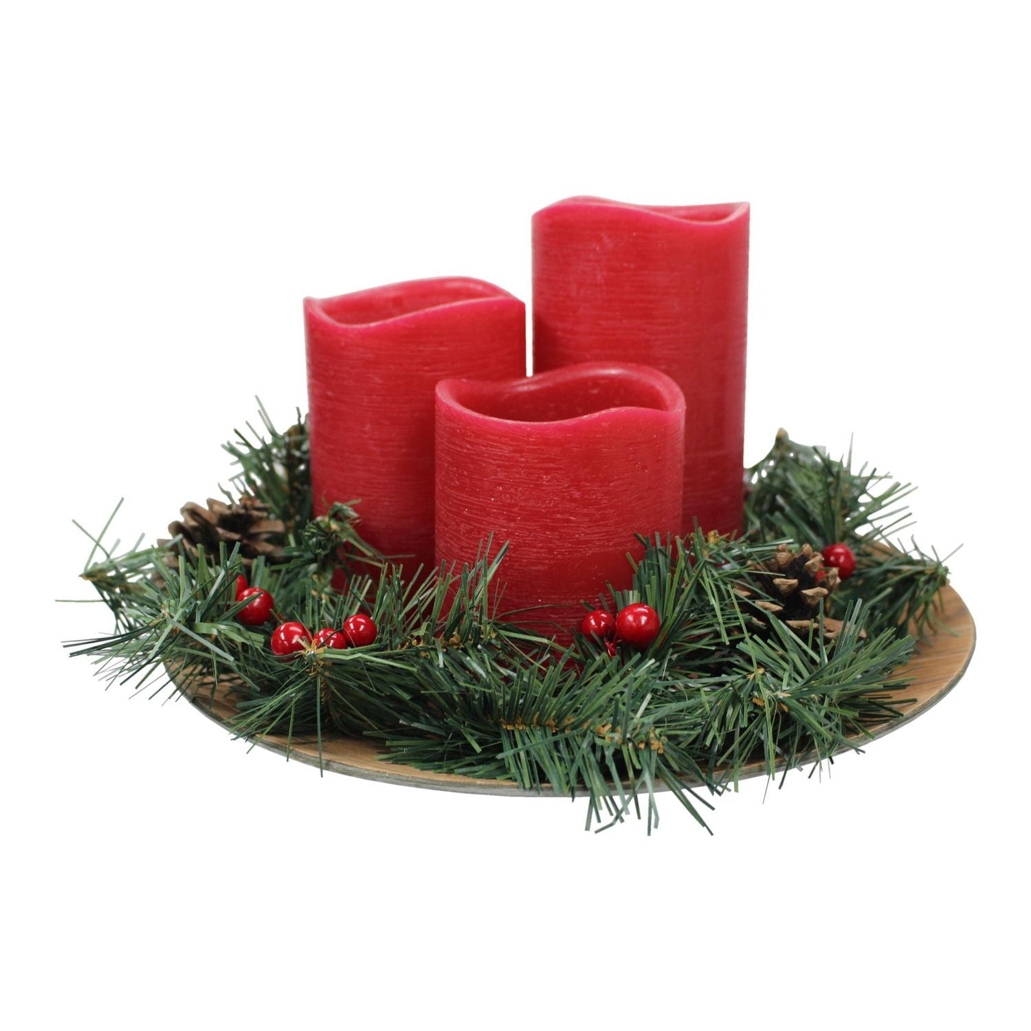 3pk Red LED Pillar Candle Set with Wreath and Plate