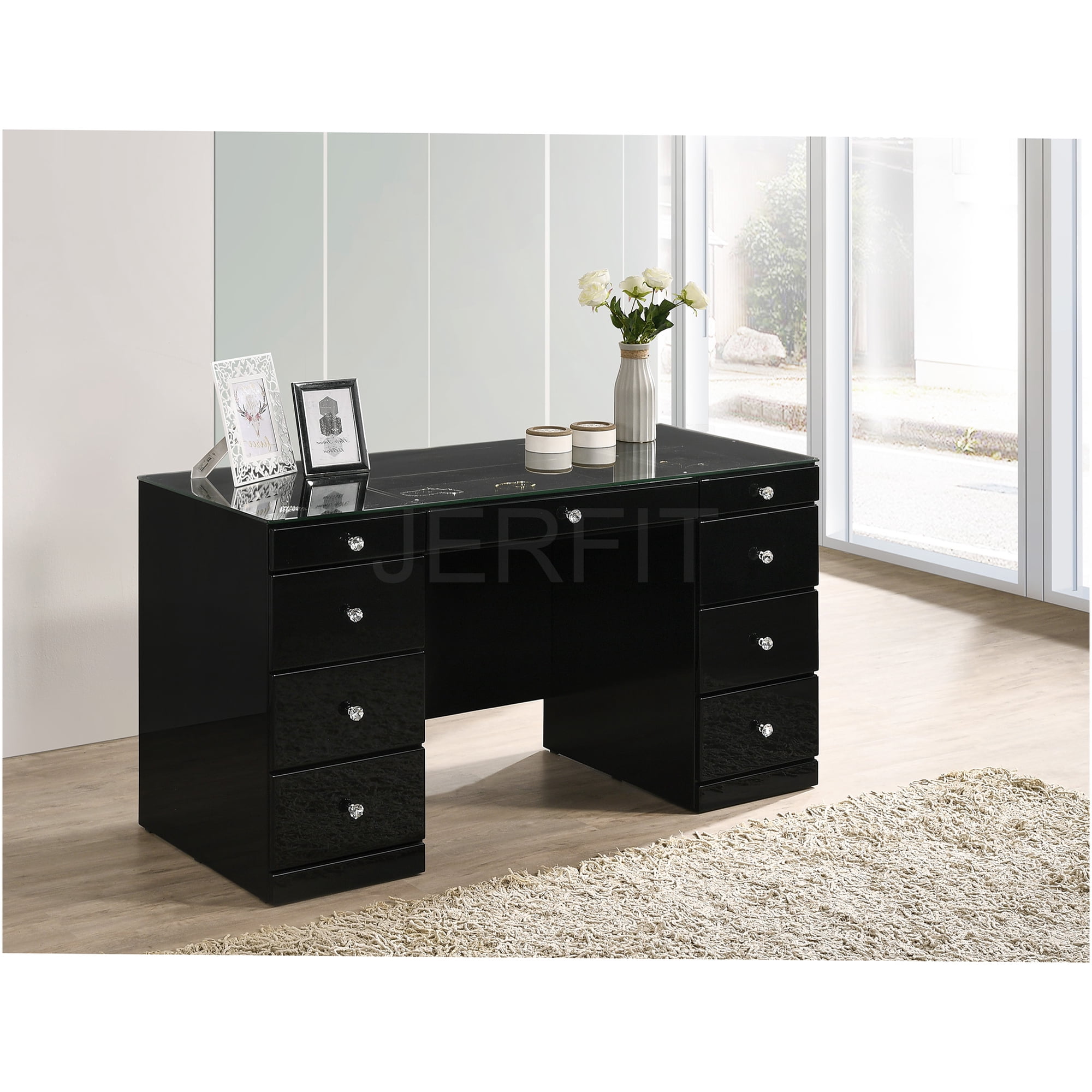 JERFIT 9-Drawer Glam Vanity Table with Glass Top, Black Wooden Makeup Dresser for Bedroom