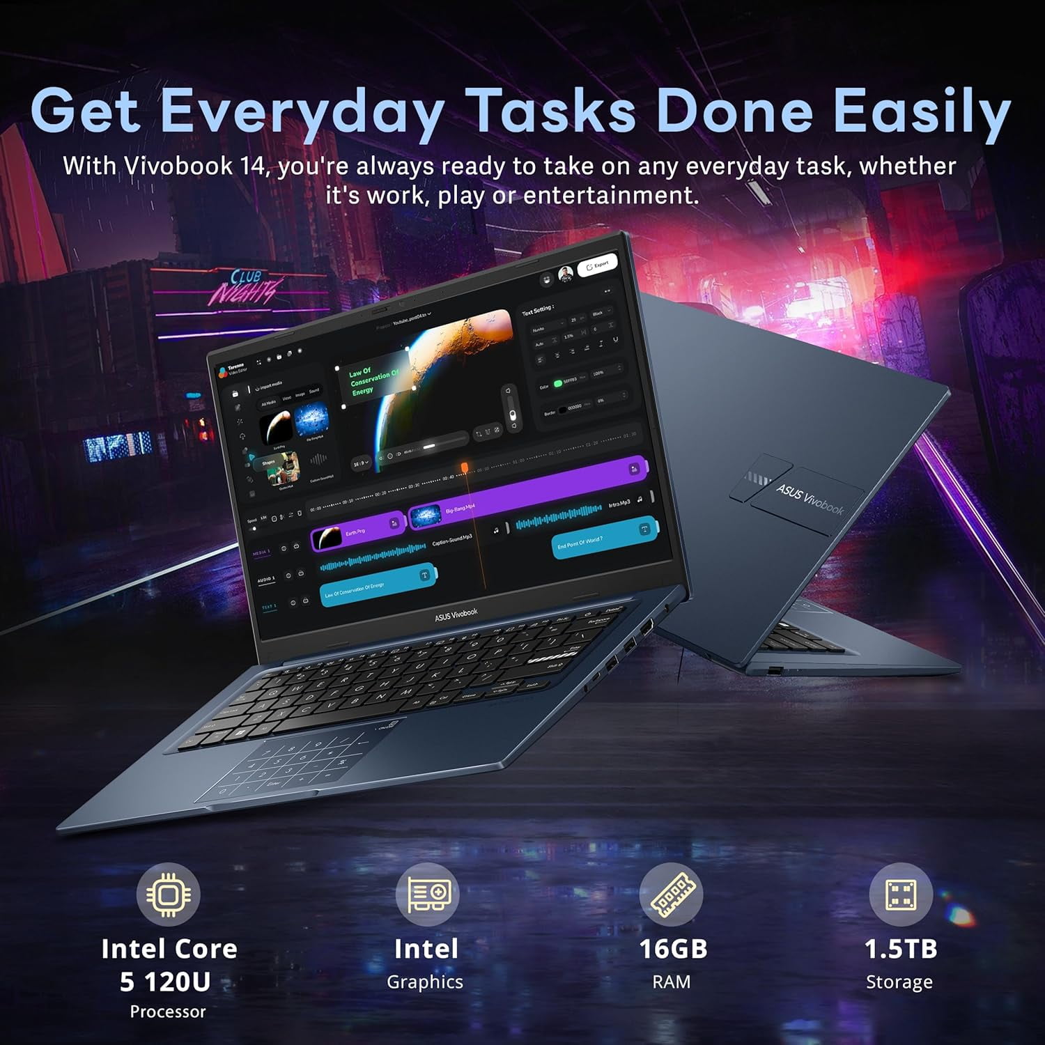 ASUS Vivobook 14" FHD Business Laptop, Intel Core 5 120U, 16GB DDR4 RAM, 1.5TB Storage (512GB SSD + 1TB Docking Station Set), Intel Graphics, Numeric Pad, Windows 11 Home, Quiet Blue