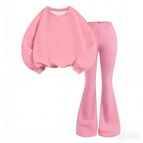 Glisme 2 Piece Outfits For Girls Solid Color Round Neck Long Sleeve Top And Pants Outfit Soft Casual Playwear New Pink Matching Set