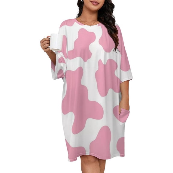 Strawberry Pink Cow Print Pattern Sleepshirts For Sleeping Travels Loose Sleepdress Pajama Dress Soft Nightdress Sleepwear