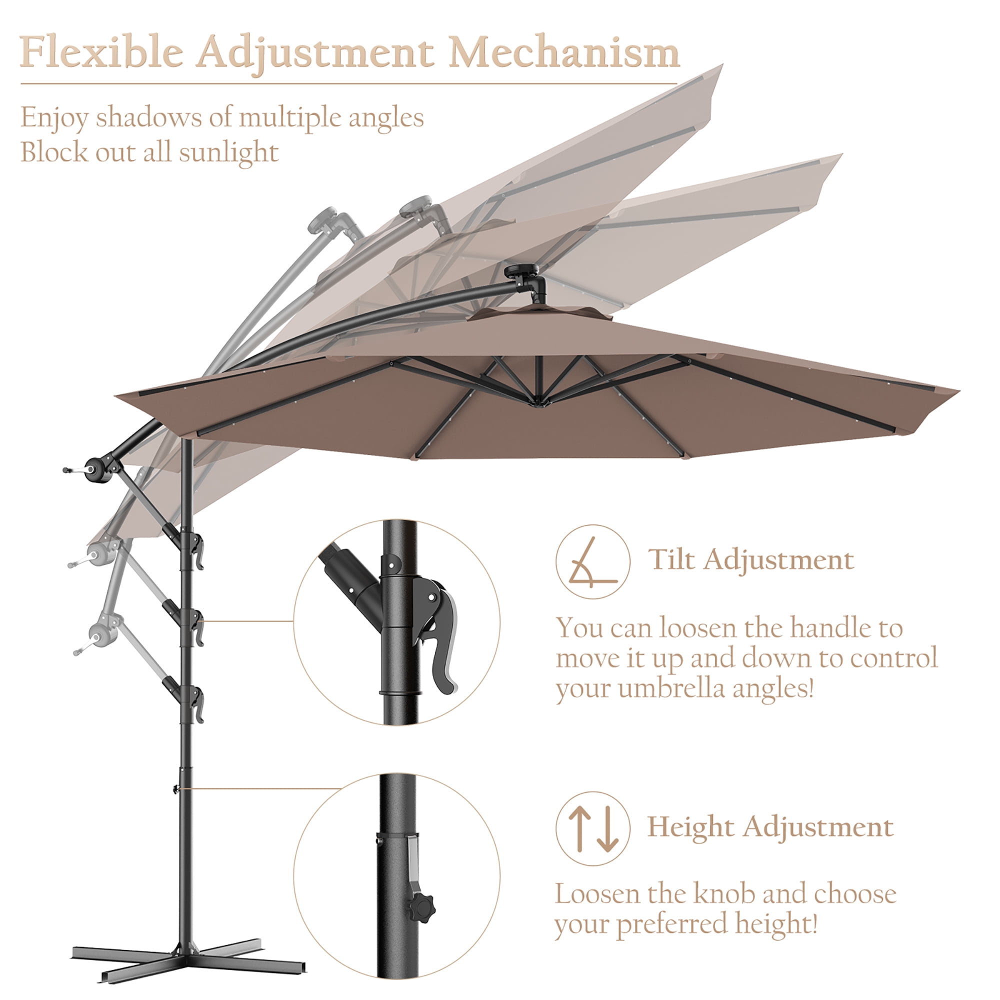 Costway 100.80" Tan Fixed Octagon Cantilever Patio Umbrella, Solar Lighted