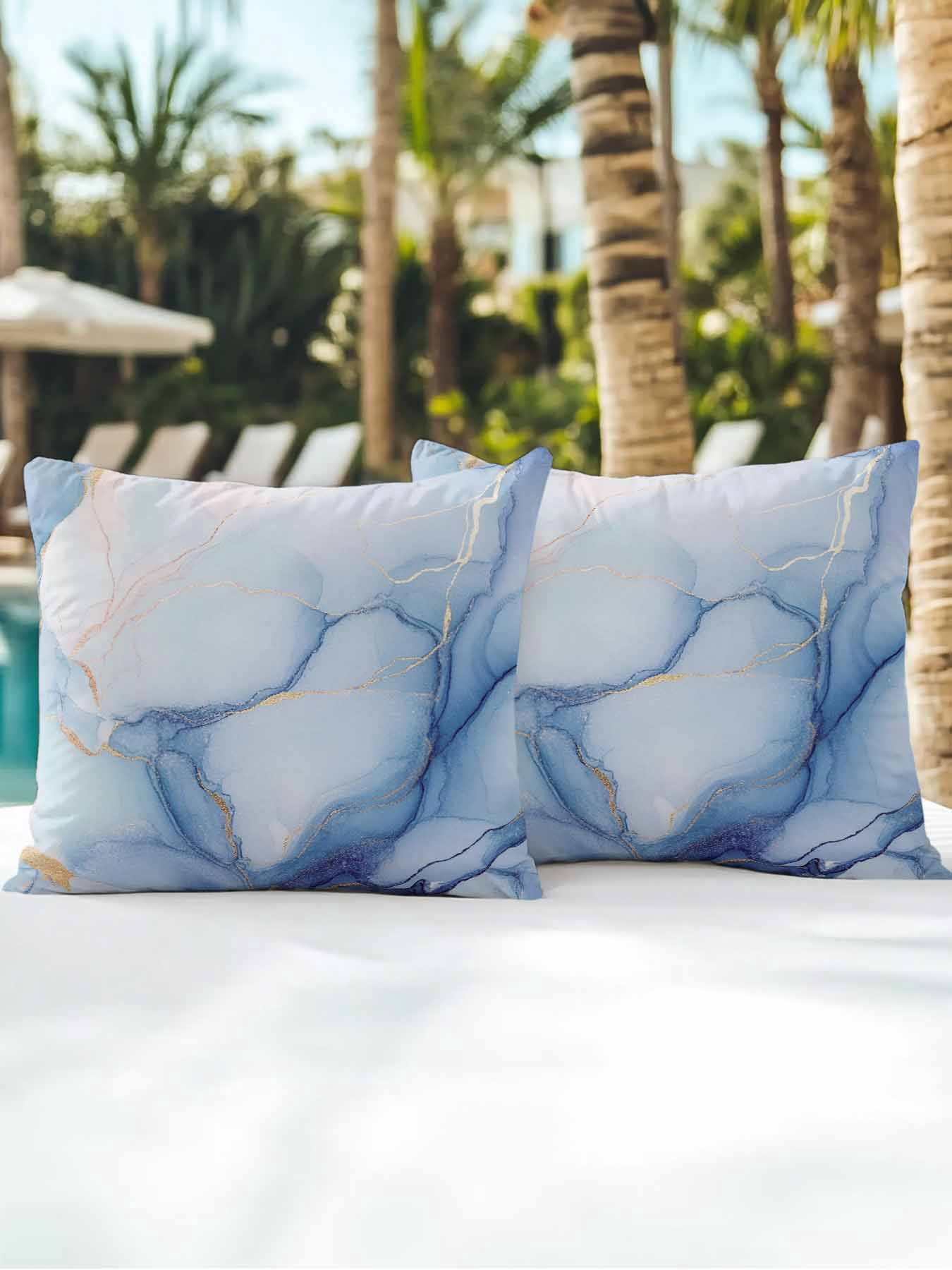Outdoor Pillows Waterproof, Blue Marble Bedding Throw Pillows with Insert for Couch Sofa Bed, Gradual Modern Abstract Art 18x18 Inch Pillowcases Decorative Camping Patio Pillow Set of 2