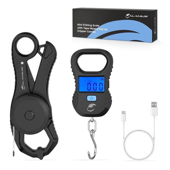 Calamus Lightweight Fish Scale & Lip Grip Combo, Rechargeable Digital Scale with USB Cable, 55lb Capacity, Lip Gripper with Soft Retractable and Detachable Measuring Tape, Fishing Gifts for Men