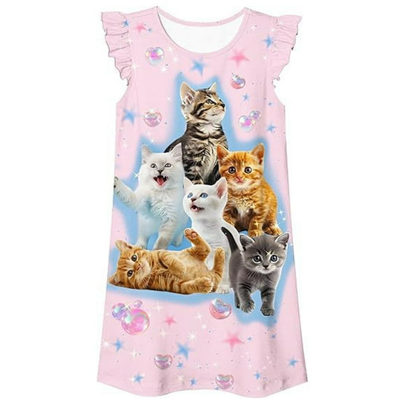 Robes d'Été Décontractées Sans Manches à Imprimé Ludique pour Tout-Petites Filles, Vêtements de Nuit Coupe Ample, Chemise de Nuit pour Enfants Taille 3-4T