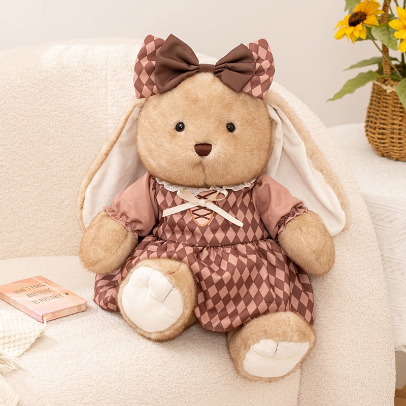 14/18in Vintage Checkered Dress Bunny Plush Toy for Kids, Soft Stuffed Rabbit Doll with Bow, Cute Decorative Plushie, Available in 2 Sizes