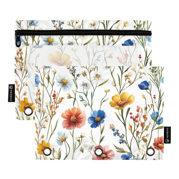 Pencil Pouch for 3 Ring Binder, Binder Pencil Case with Smooth Zipper, Clear Window Pencil Case for Binder, Big Capacity 3 Ring Binder Pencil Bag with 3 Reinforced Grommets. Colorful Floral