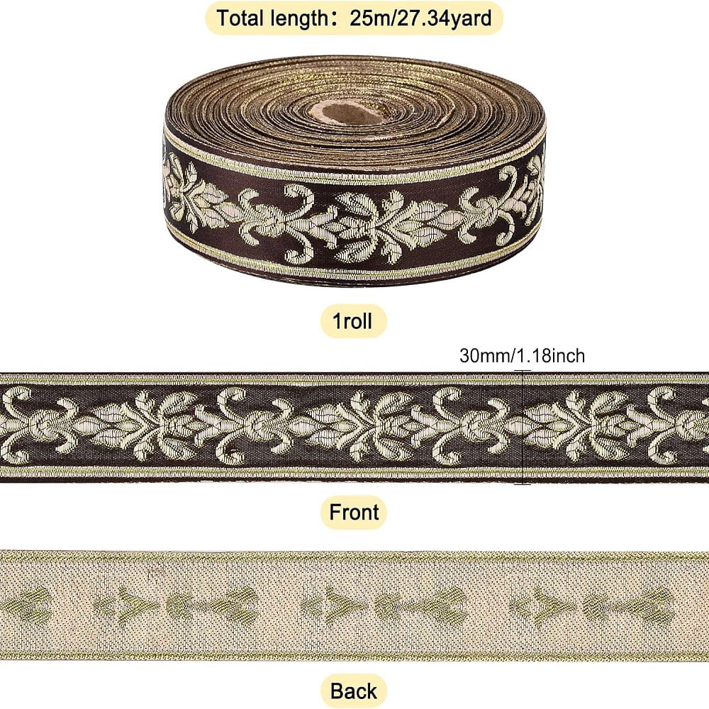 27 Yard 1.18 Inch Vintage Jacquard Ribbon Coconut Brown Emobridered Woven Trim Gold Floral Webbing Ribbon for DIY Clothing Accessories Embellishment