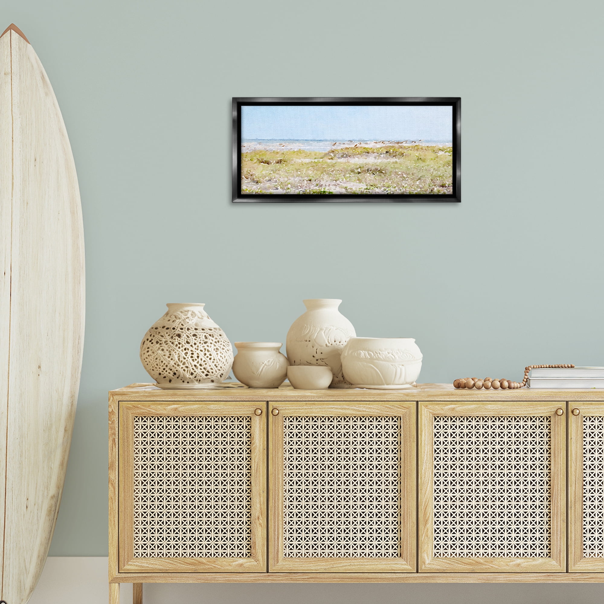 Stupell Industries Eastern Beach Grass Landscape Painting Black Floater Framed Canvas Art Print Wall Art, 31 x 14