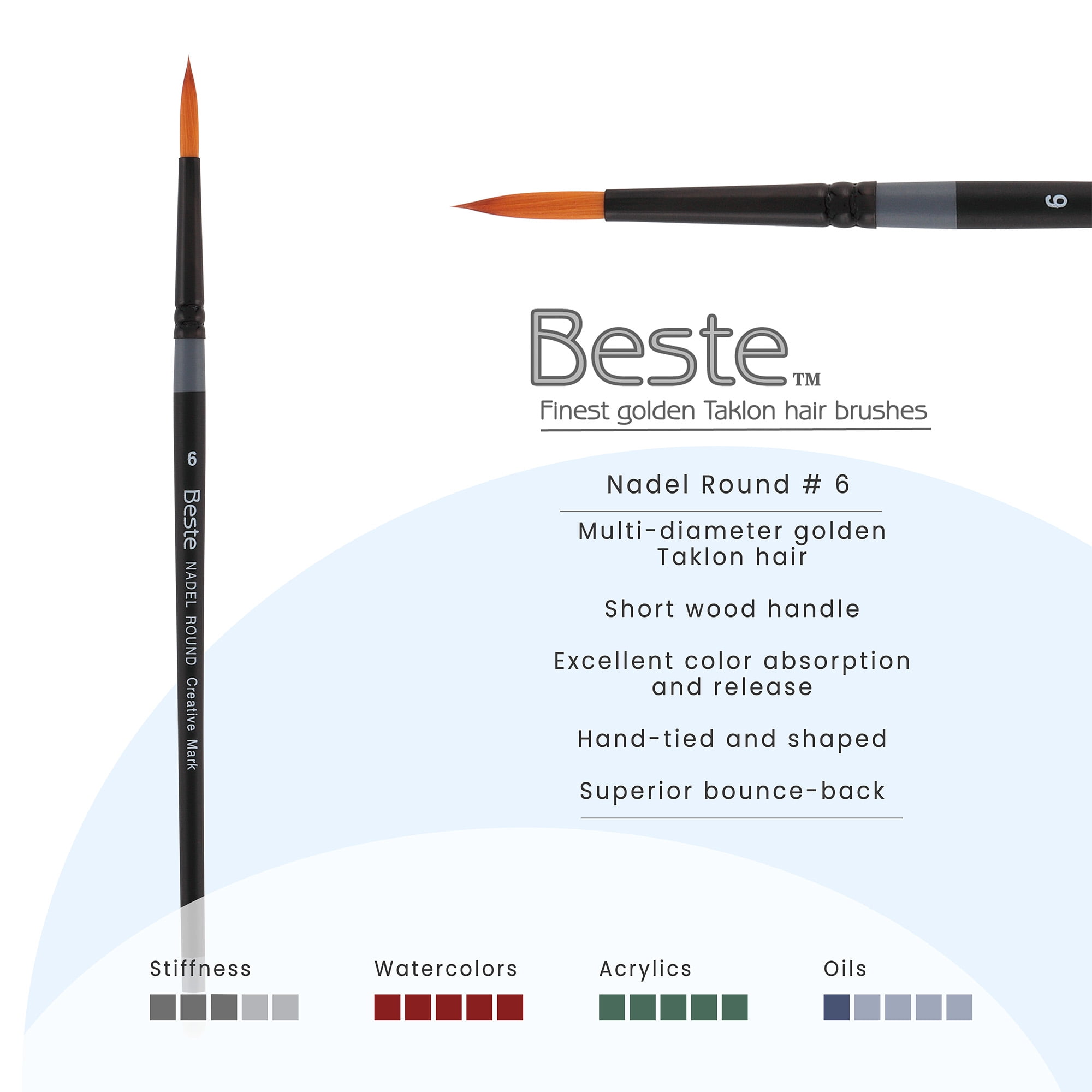 Creative Mark Beste Golden Taklon Nadel Round #6 - 3 Pack Artist Brush, Professional Watercolor Brushes, For Acrylic Painting, Short Handle, Sharp Edges, Hand-Tied & Shaped