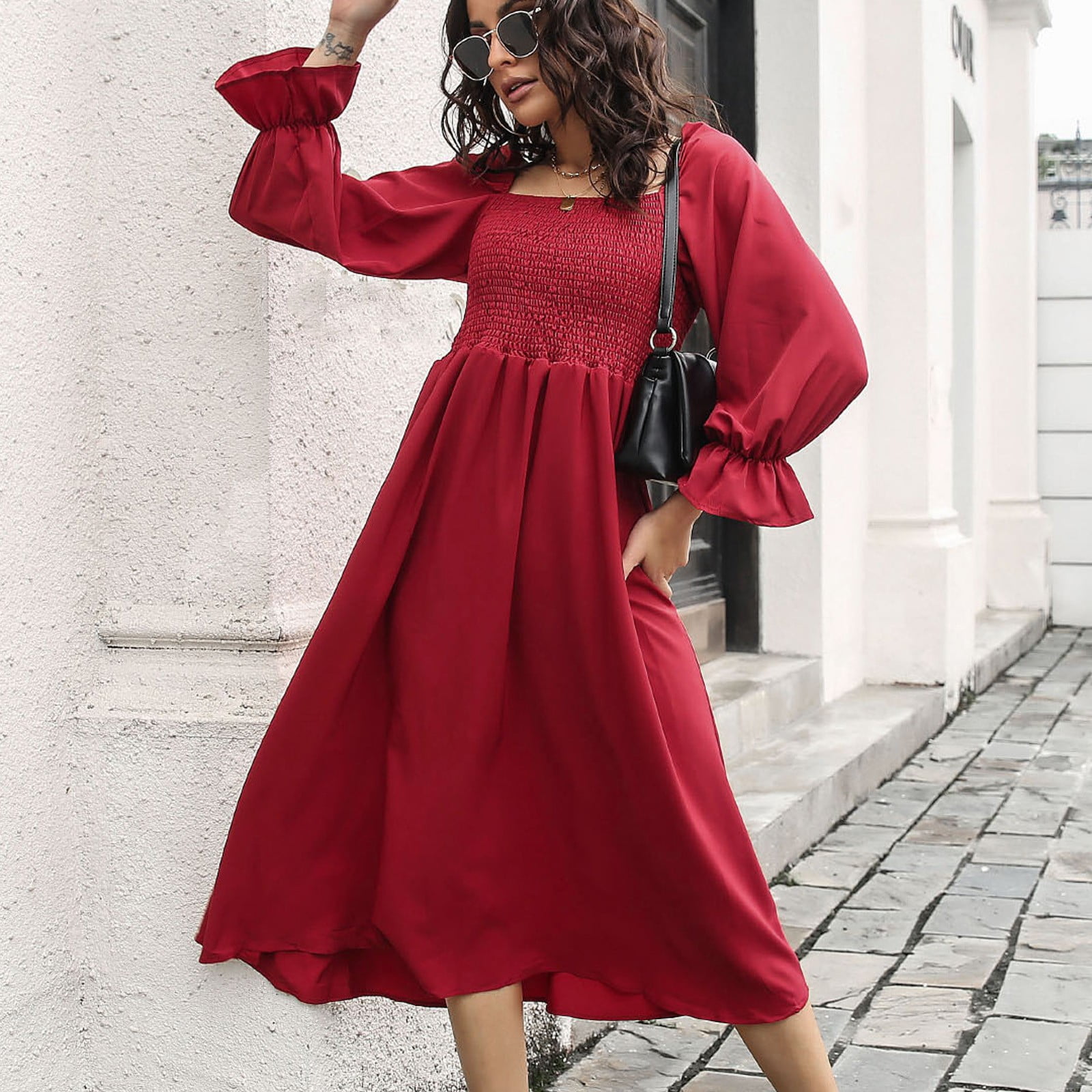 タグ付☆カスタネ　 オケージョン Bell sleeve color dress kastaneカスタネ】Bell sleeve color dress