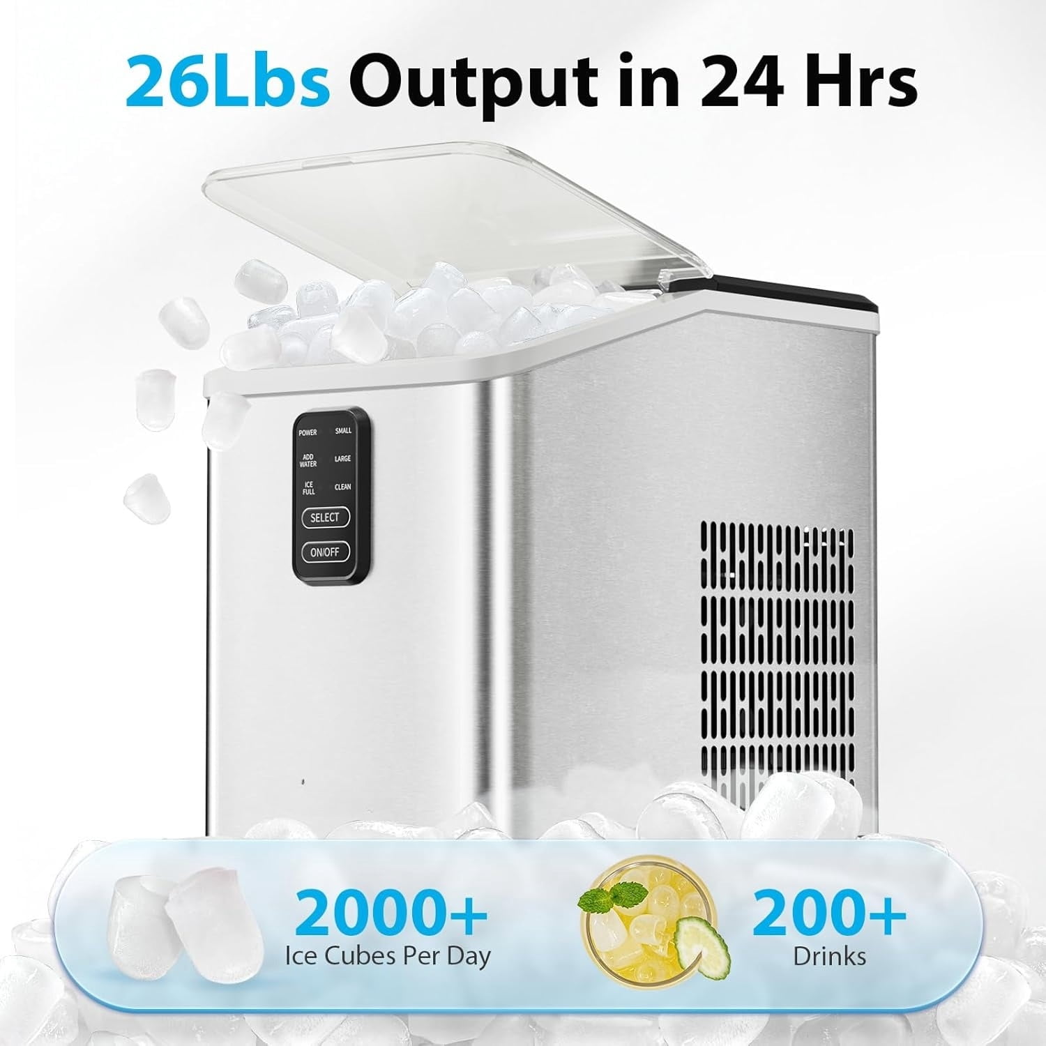 Ice Maker Countertop 26lbs/24H, Ice Machine 8 Ice Cubes Ready in 6 Mins, 2 Sizes of Bullet Ice Portable Ice Makers with Basket & Scoop, Auto Self-Cleaning for Home/Kitchen/Office Stainless