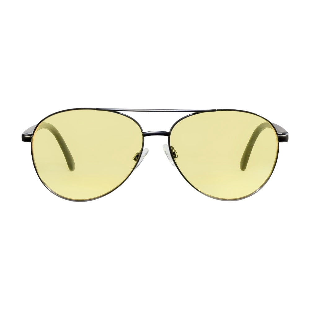 Aray Matte Gunmetal Aviator Night Driving Glasses - Yellow Lens
