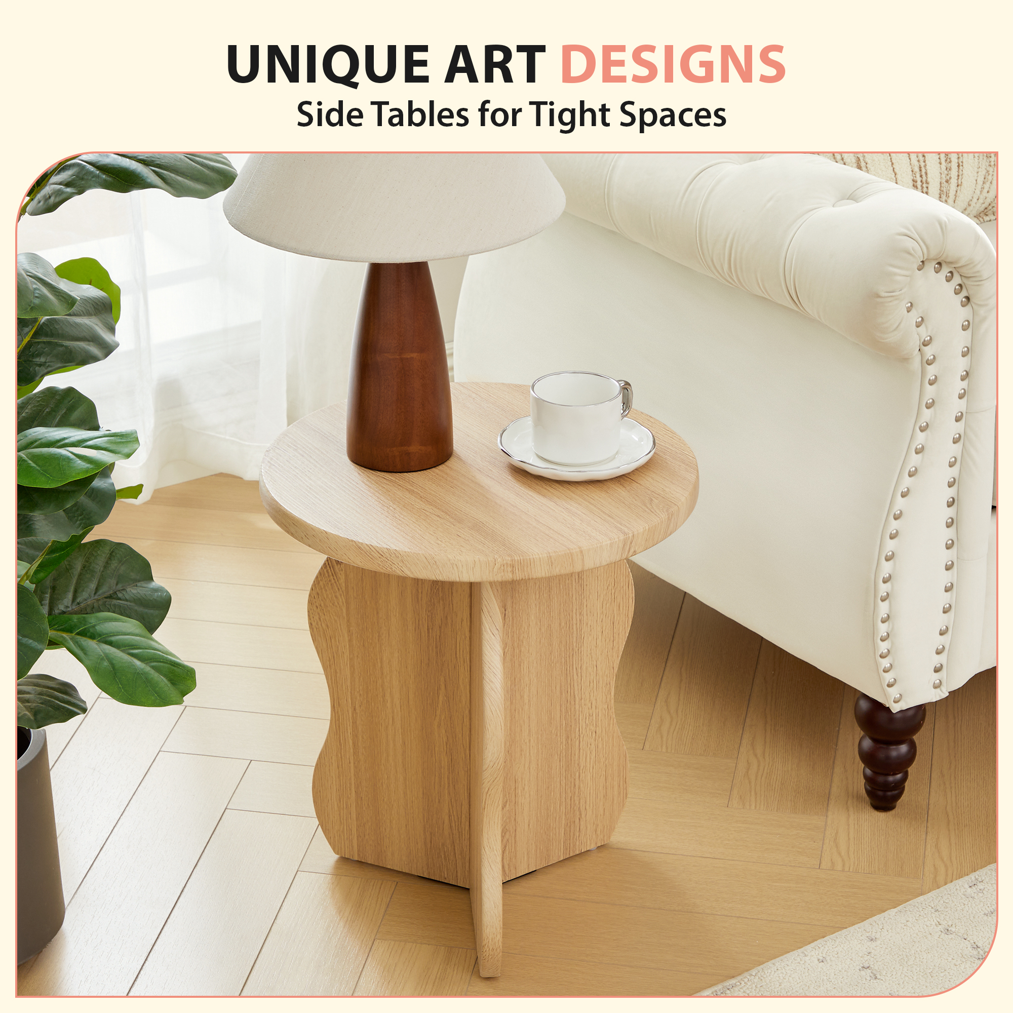 PHOYAL Round Small End Tables for Living Room Set of 2 with Wave Base, Side Table for Bedroom Small Space, Natural