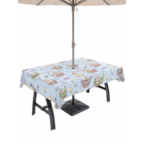 Easter Outdoor Tablecloth - 60x120 Inch Rectangle Dining Table Cover, Blue Spring Rabbits Basket Colorful Eggs Bows Waterproof Outdoor Table Cloth with Umbrella Hole & Zipper for Picnic/Patio/Party