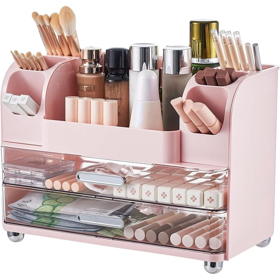Makeup Organizer for Vanity with 2 Large Drawers, Cosmetic Display Case with Brush Holders, Easy to Storage for Bathroom Countertop Skincare, Desk Office Supplies, Pink