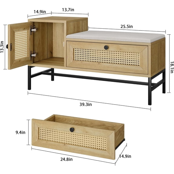 Acekid Rattan Shoe Bench Entryway Bench With Storage Drawer And Cabinet Wooden Storage Bench With Linen Seat Cushion For Hallway And Bedroom Natural Oak