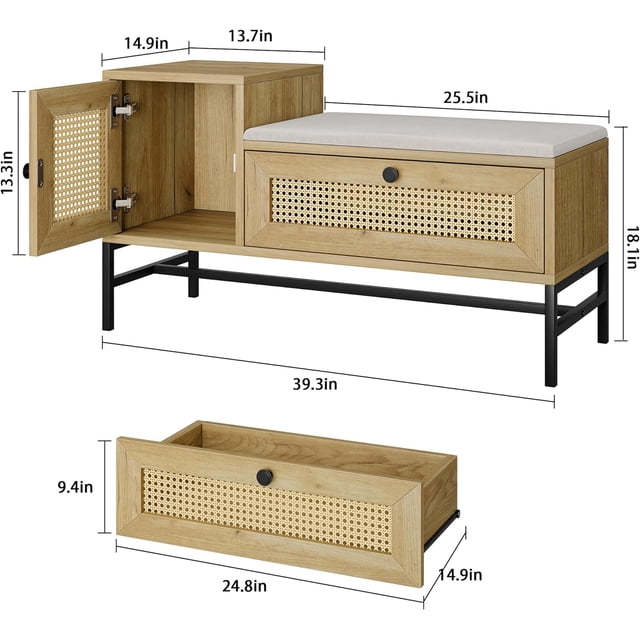 QinaQin Rattan Shoe Bench with Storage Drawer and Cabinet, Natural Oak