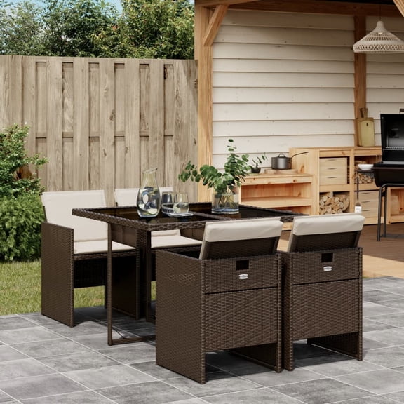 vidaXL 5 Piece Patio Dining Set with Cushions Brown Poly Rattan