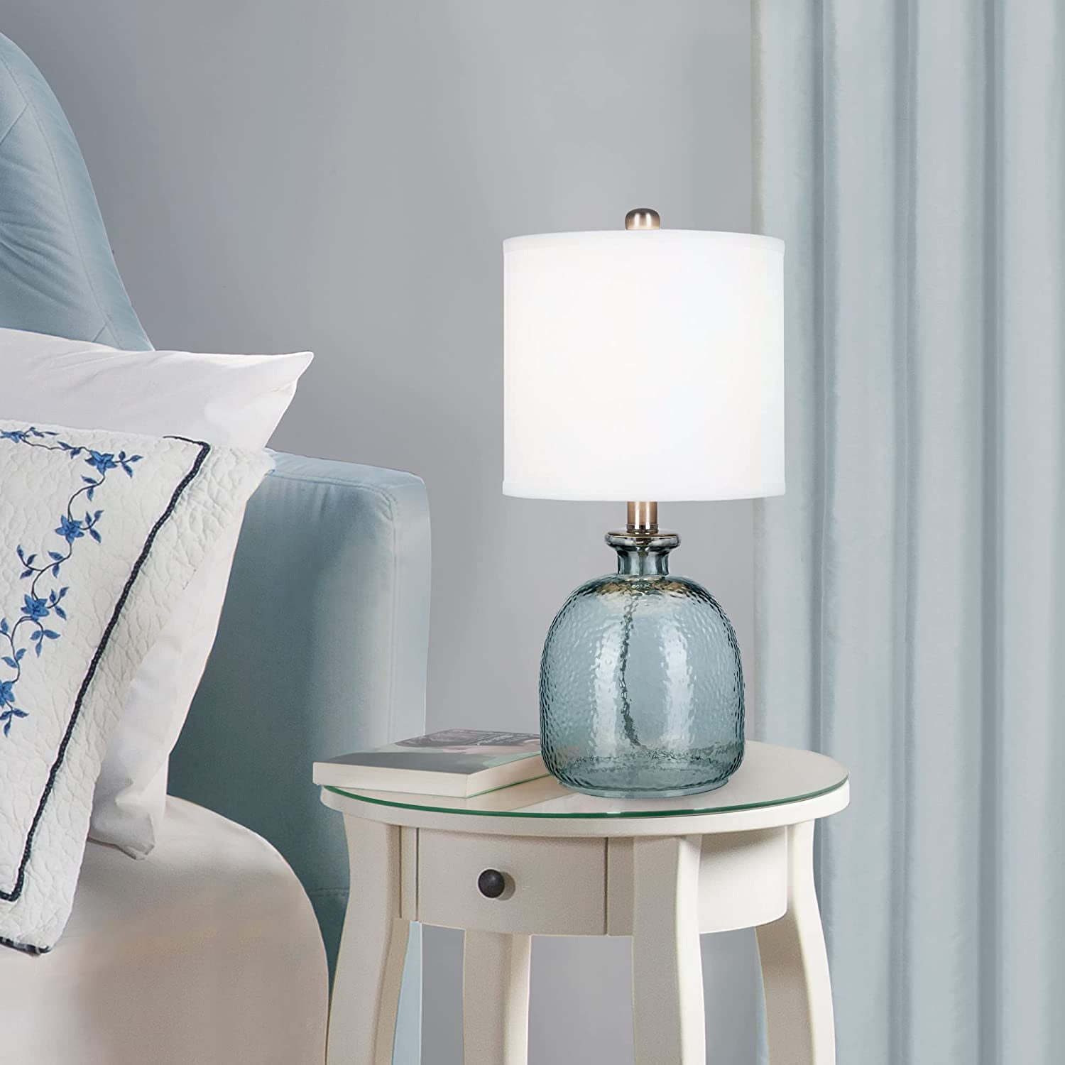 Catalina Lighting Oceana 18.25'' Table Lamp with White Fabric Drum Shade Coastal Table Light Fixture for Living Room, Bedroom or Office, Blue