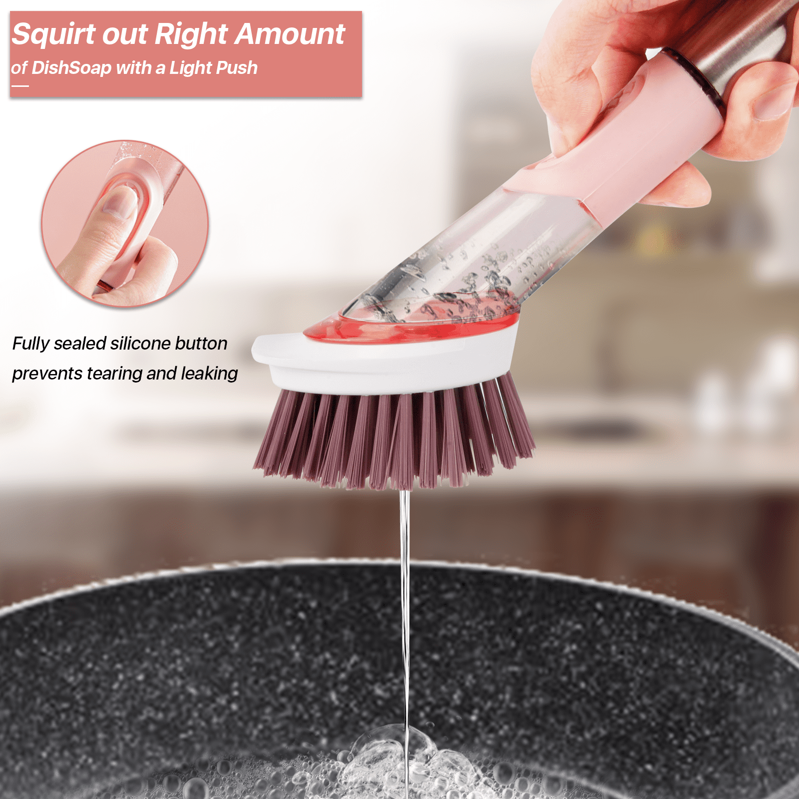 Soap Dispensing Dish Brush Kitchen Scrub Brush for Pans Pots Sink with 1 Handle and 3 Brush Heads Clear Gray