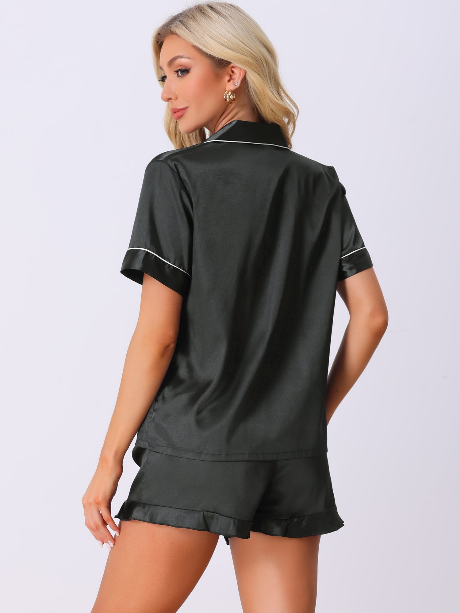 DARING DIVA Women's 2 Pcs Satin Silky Lounge Sets Ruffle Sleepwear Black 2XL
